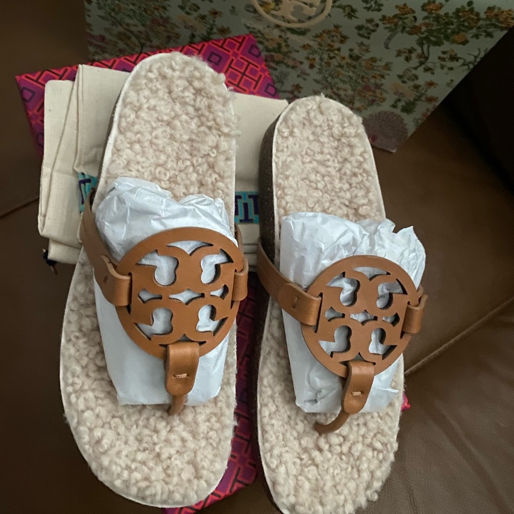 Tori Burch shearling slides